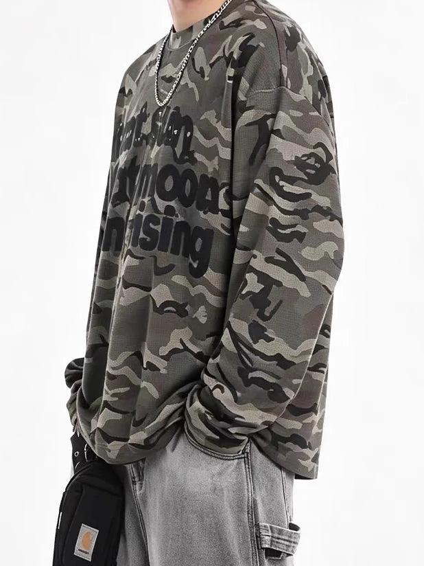 Camo-Print Studded Letter Waffle-Knit Long-Sleeve Shirt