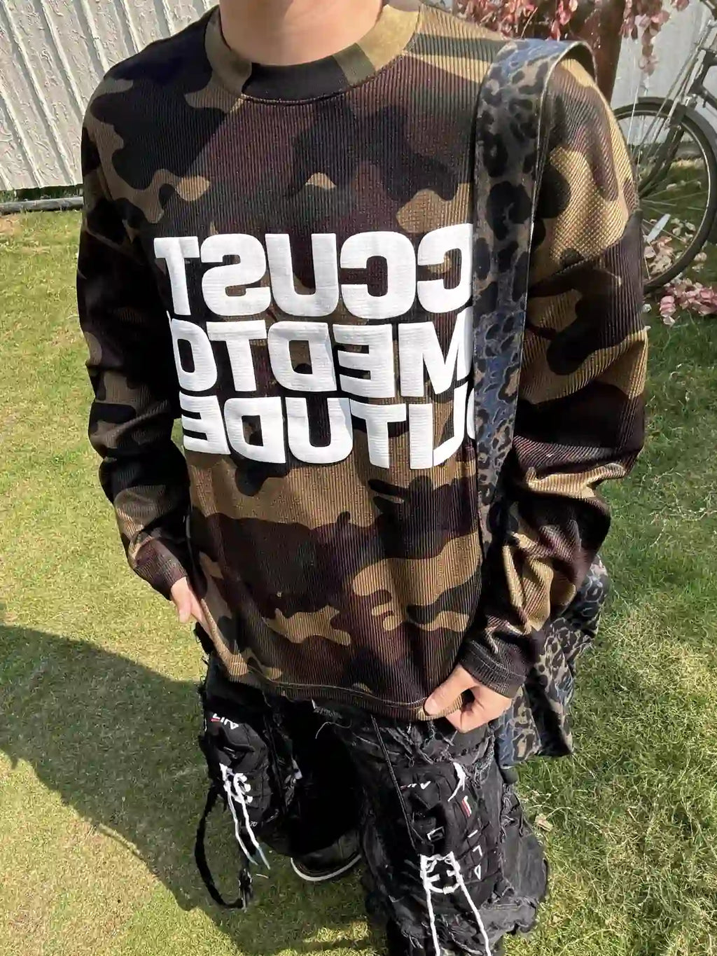 Camo-Print Graphic-Letter Waffle-Knit Long-Sleeve Shirt