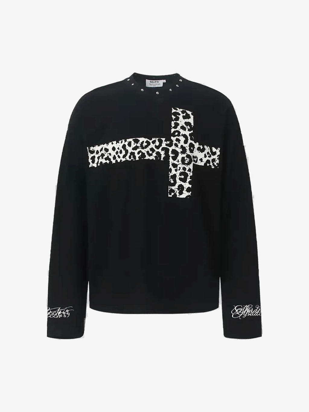 Leopard-Cross Studded-Neckline Long-Sleeve Shirt