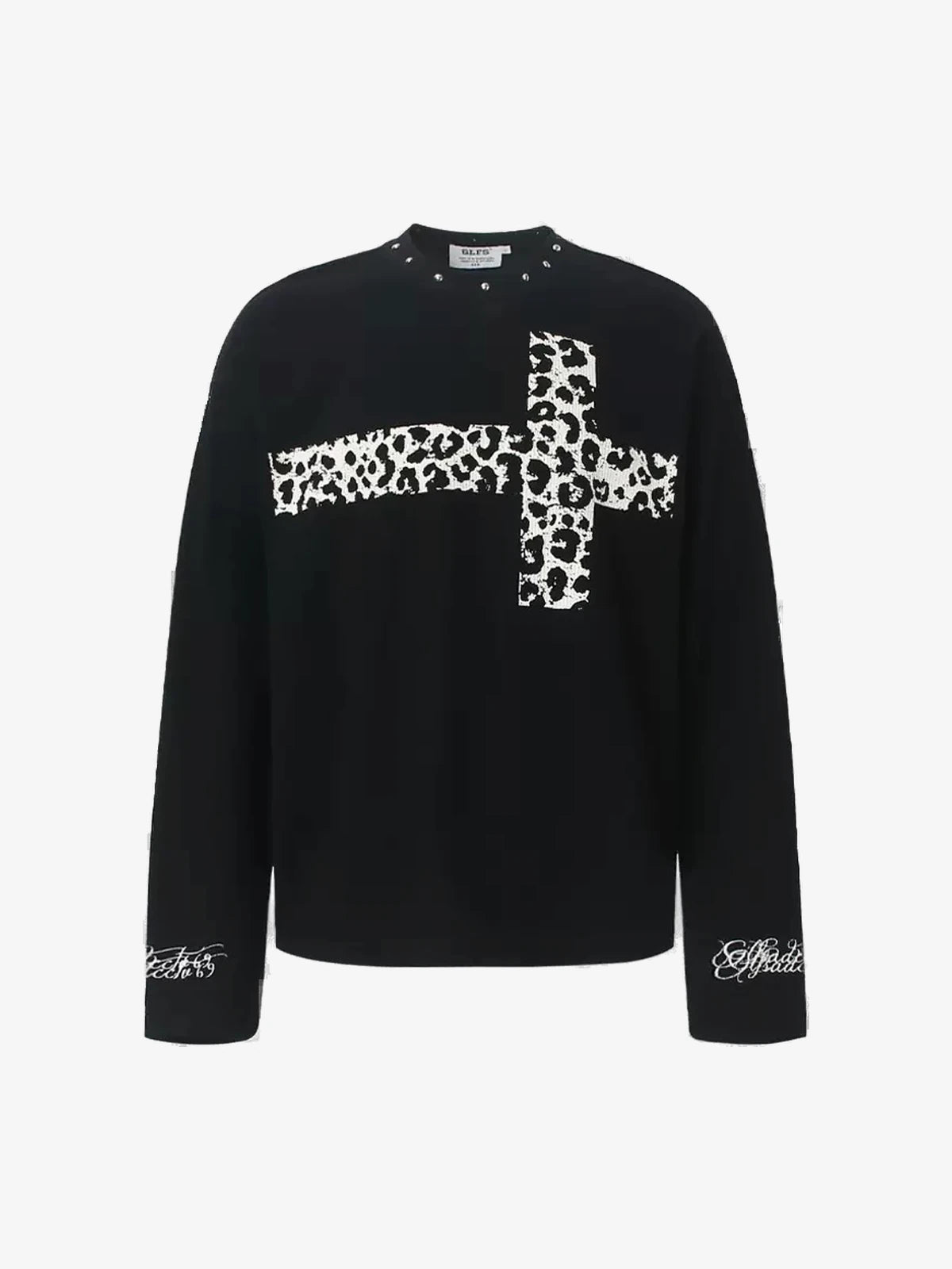 Leopard-Cross Studded-Neckline Long-Sleeve Shirt
