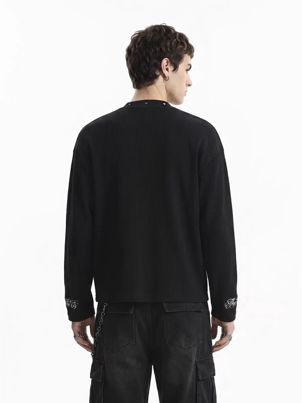 Leopard-Cross Studded-Neckline Long-Sleeve Shirt
