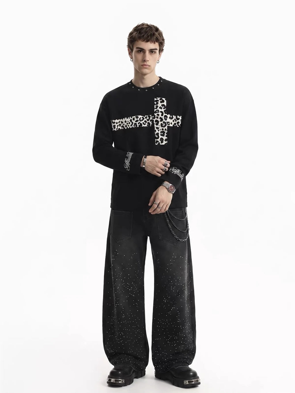 Leopard-Cross Studded-Neckline Long-Sleeve Shirt