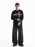 Leopard-Cross Studded-Neckline Long-Sleeve Shirt