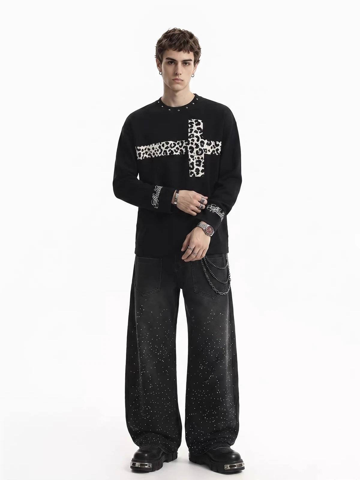 Leopard-Cross Studded-Neckline Long-Sleeve Shirt