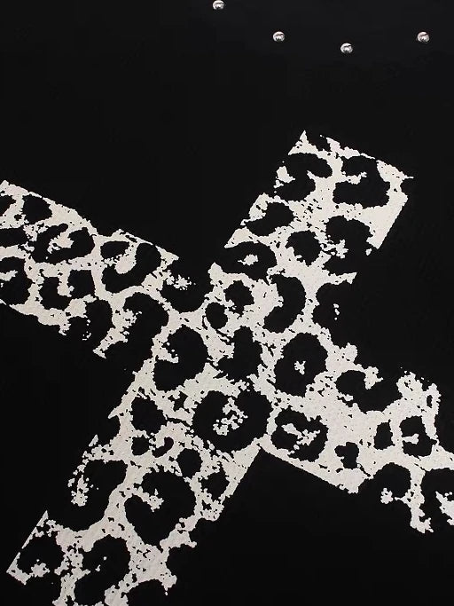 Leopard-Cross Studded-Neckline Long-Sleeve Shirt