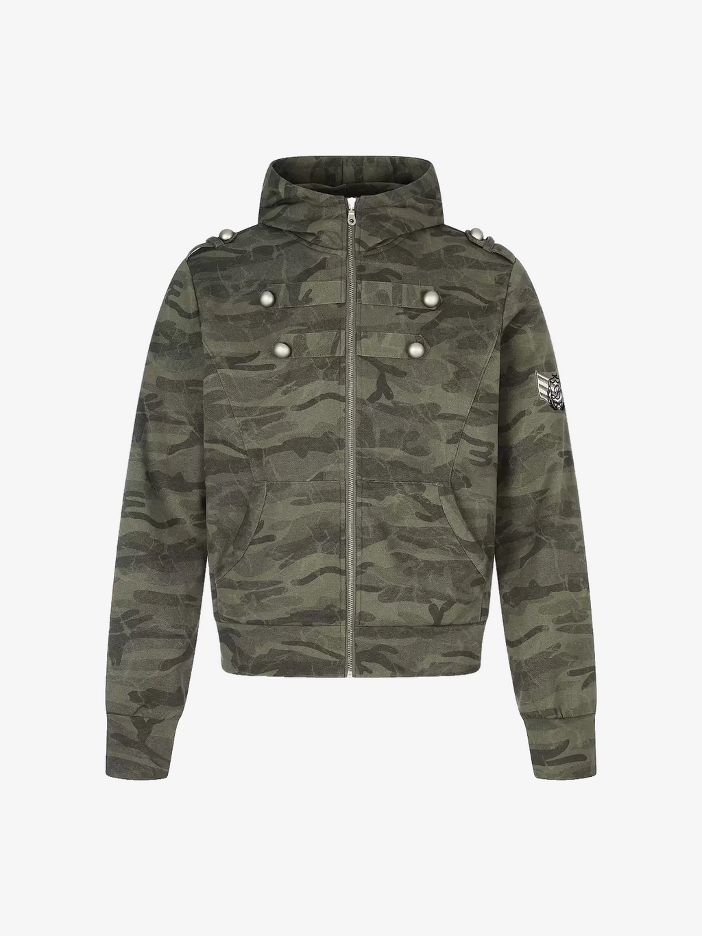 Camo-Print Dome-Button Double-Breasted Zip Hoodie