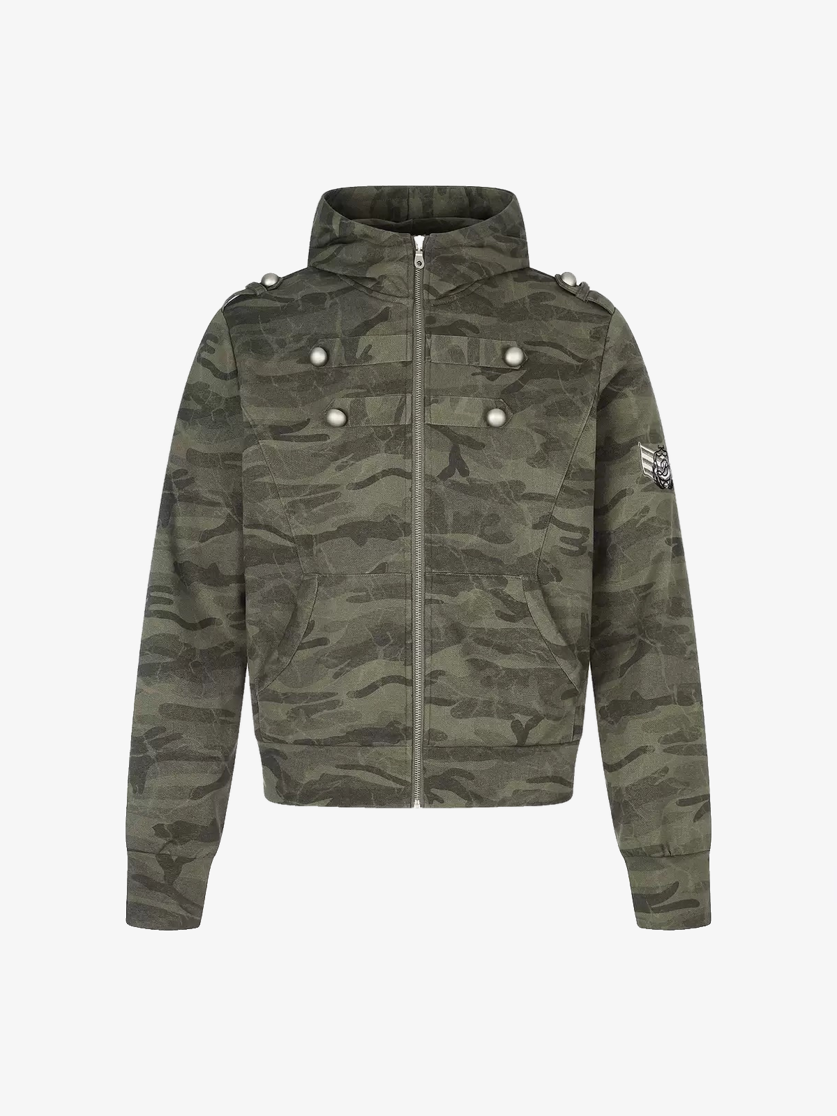 Camo-Print Dome-Button Double-Breasted Zip Hoodie