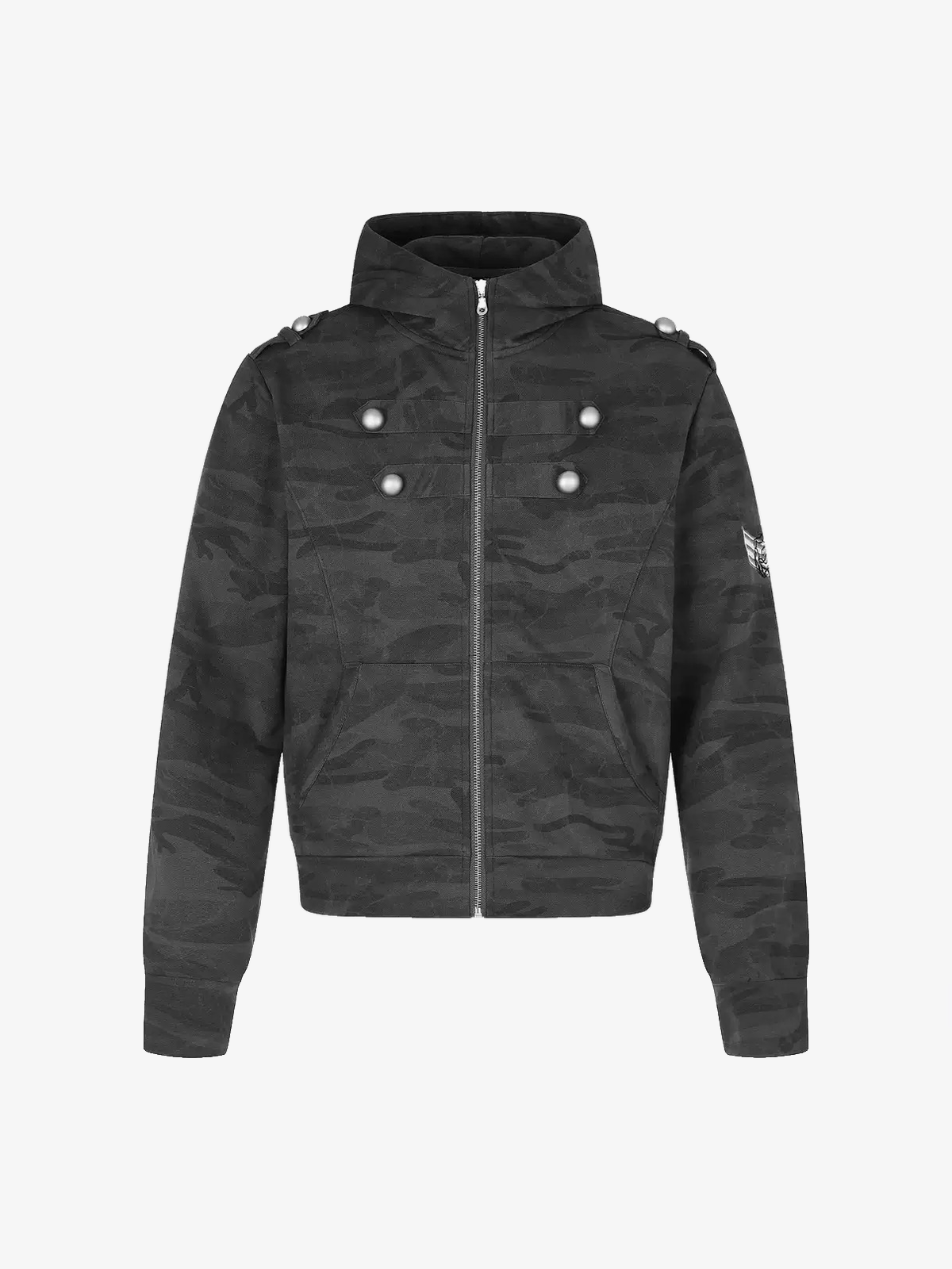 Camo-Print Dome-Button Double-Breasted Zip Hoodie