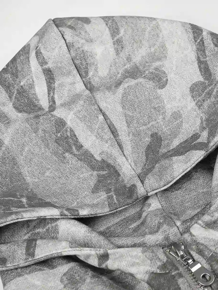 Camo-Print Dome-Button Double-Breasted Zip Hoodie
