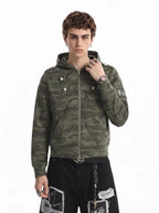 Camo-Print Dome-Button Double-Breasted Zip Hoodie