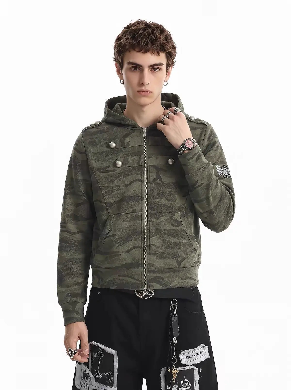 Camo-Print Dome-Button Double-Breasted Zip Hoodie