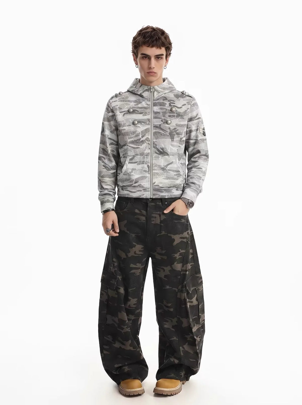 Camo-Print Dome-Button Double-Breasted Zip Hoodie