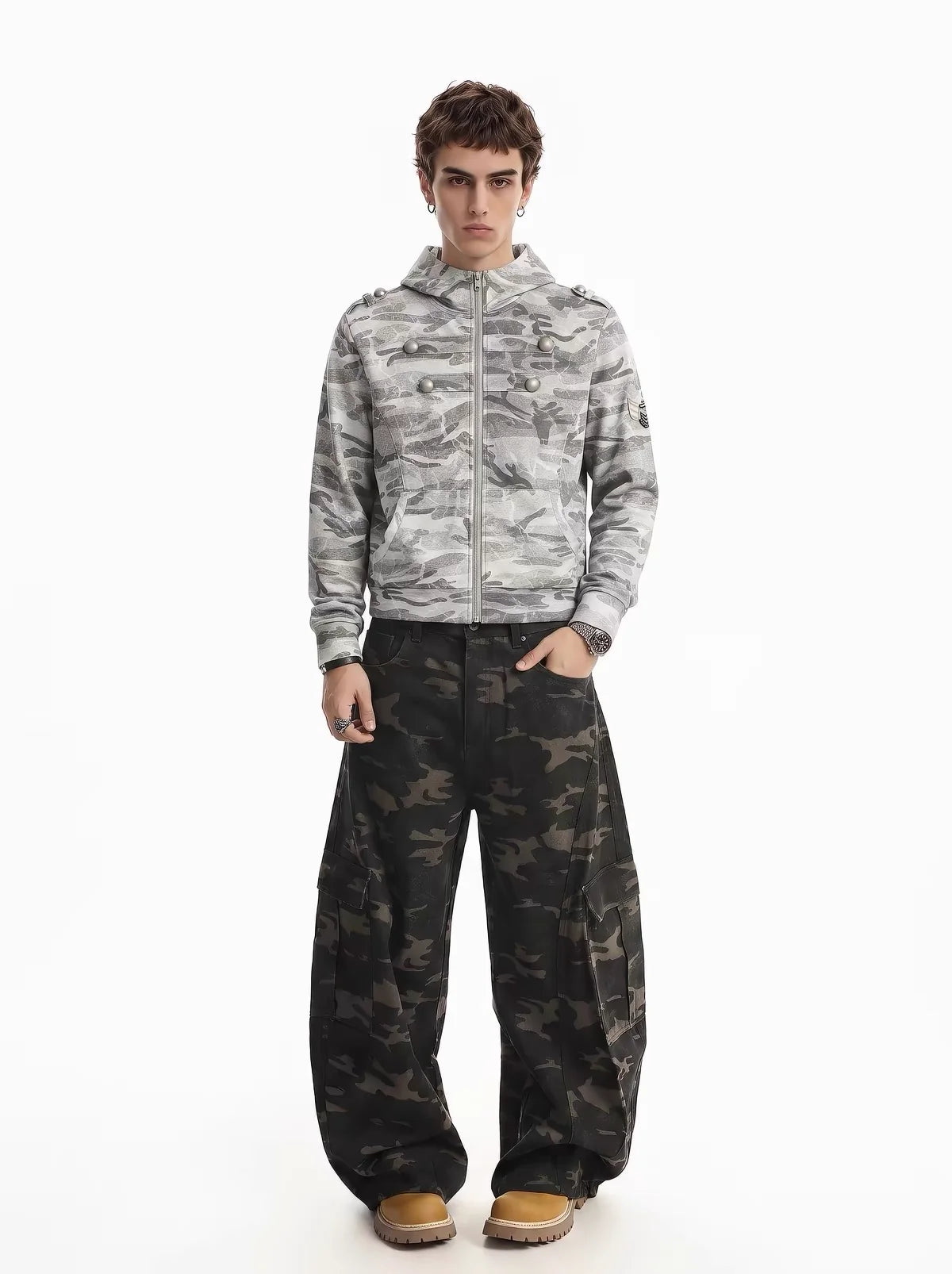 Camo-Print Dome-Button Double-Breasted Zip Hoodie