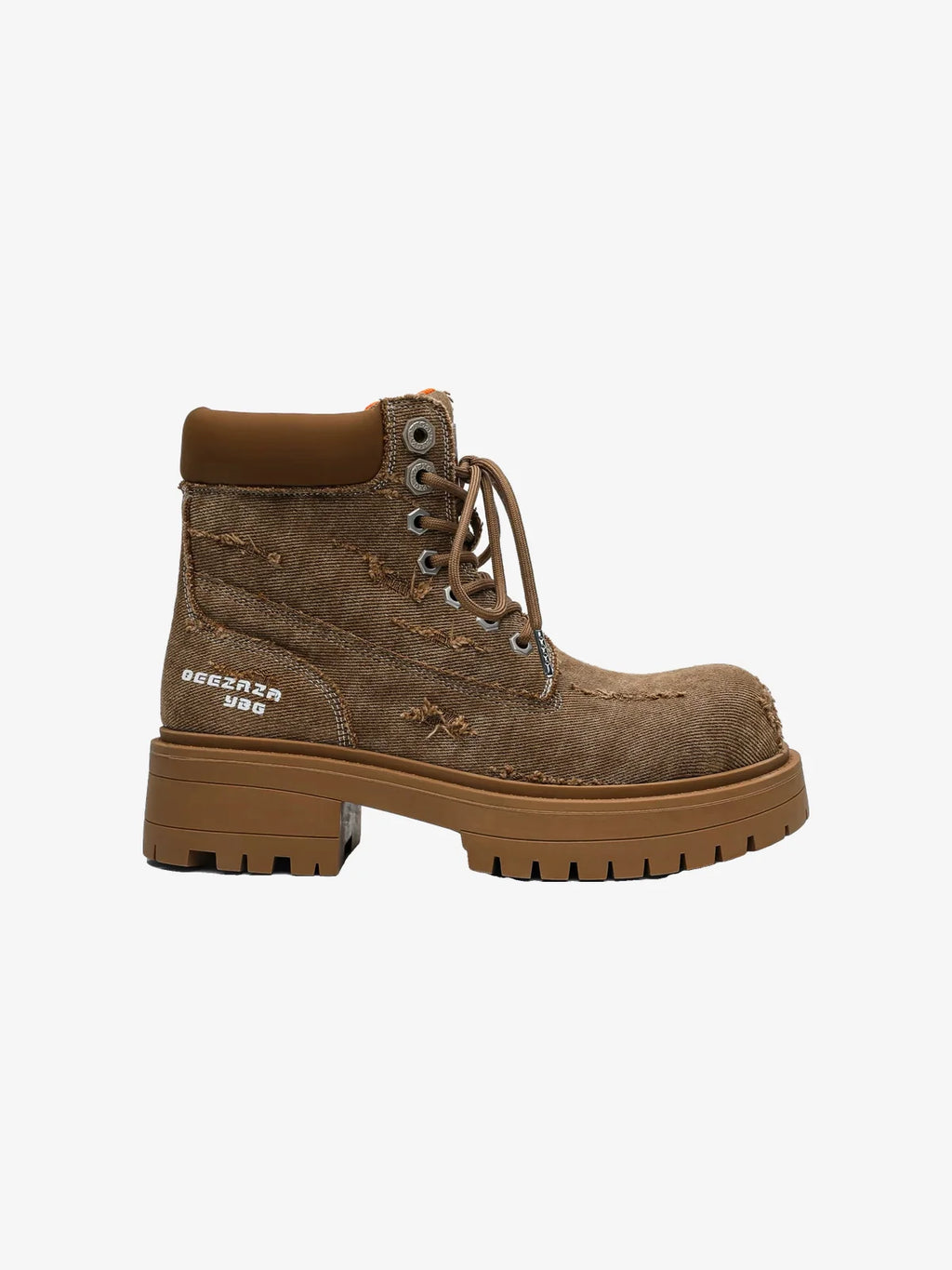 Distressed-Denim Broad-Toe Chunky Platform Boot