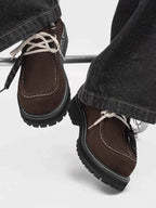 Contrast-Stitch Suede Moc-Toe Platform Derbies