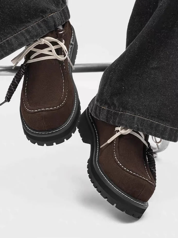 Contrast-Stitch Suede Moc-Toe Platform Derbies