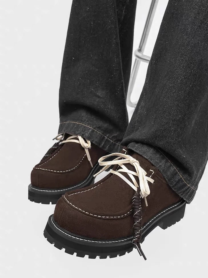 Contrast-Stitch Suede Moc-Toe Platform Derbies