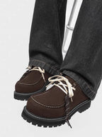 Contrast-Stitch Suede Moc-Toe Platform Derbies