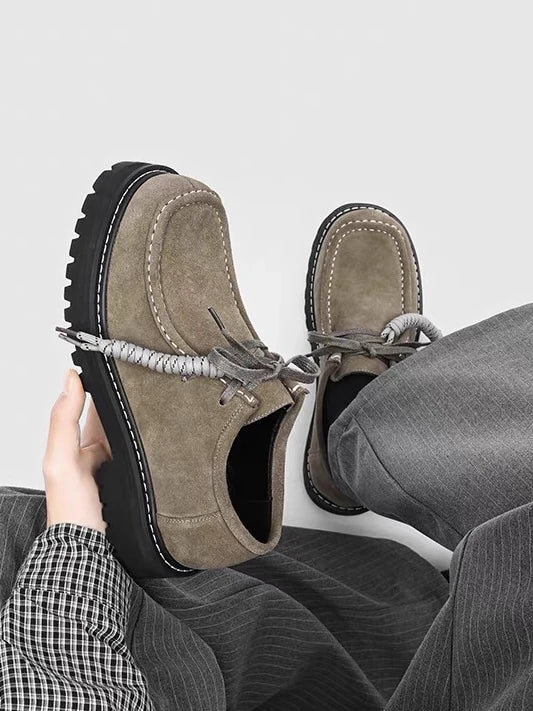 Contrast-Stitch Suede Moc-Toe Platform Derbies