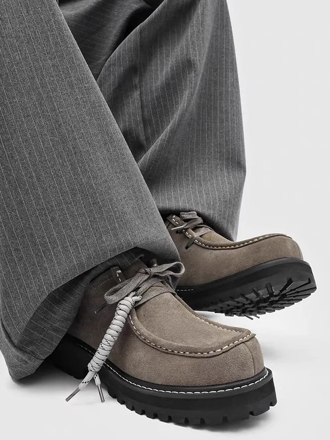 Contrast-Stitch Suede Moc-Toe Platform Derbies