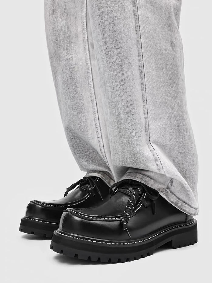 Contrast-Stitch Suede Moc-Toe Platform Derbies