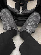 Washed-Denim Zipper-Strap Broad-Toe Clogs