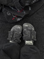 Washed-Denim Zipper-Strap Broad-Toe Clogs