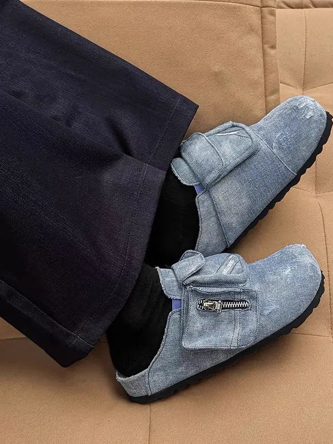 Washed-Denim Zipper-Strap Broad-Toe Clogs