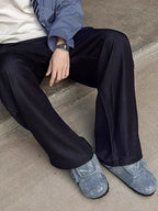 Washed-Denim Zipper-Strap Broad-Toe Clogs