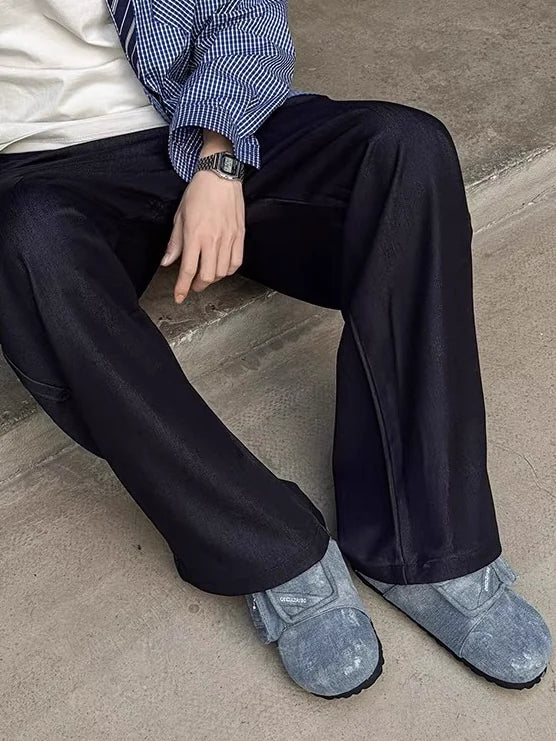 Washed-Denim Zipper-Strap Broad-Toe Clogs