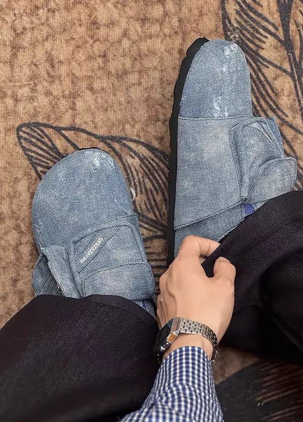 Washed-Denim Zipper-Strap Broad-Toe Clogs