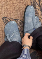 Washed-Denim Zipper-Strap Broad-Toe Clogs