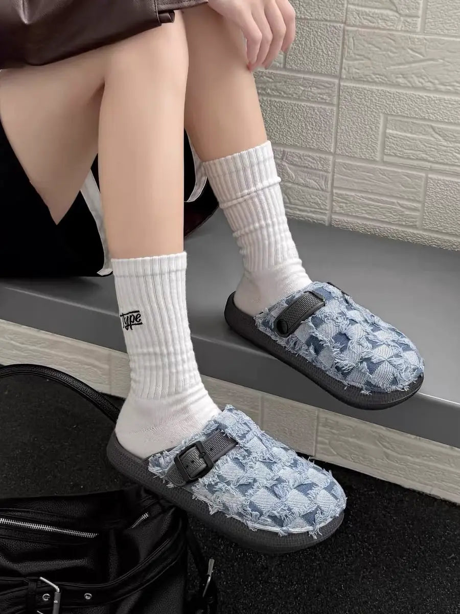 Suede Buckle Strap Rubber-Sole Streetwear Mules