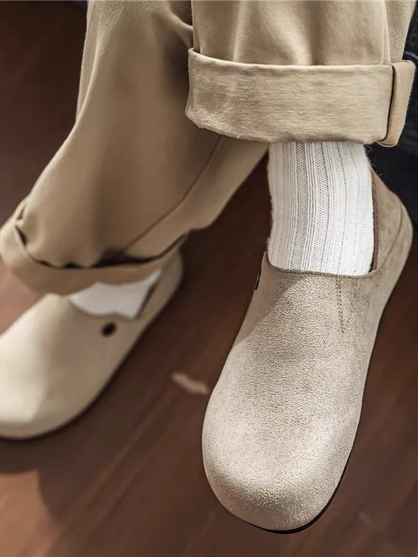 Suede Metal-Rivet Broad-Toe Rubber-Sole Mules