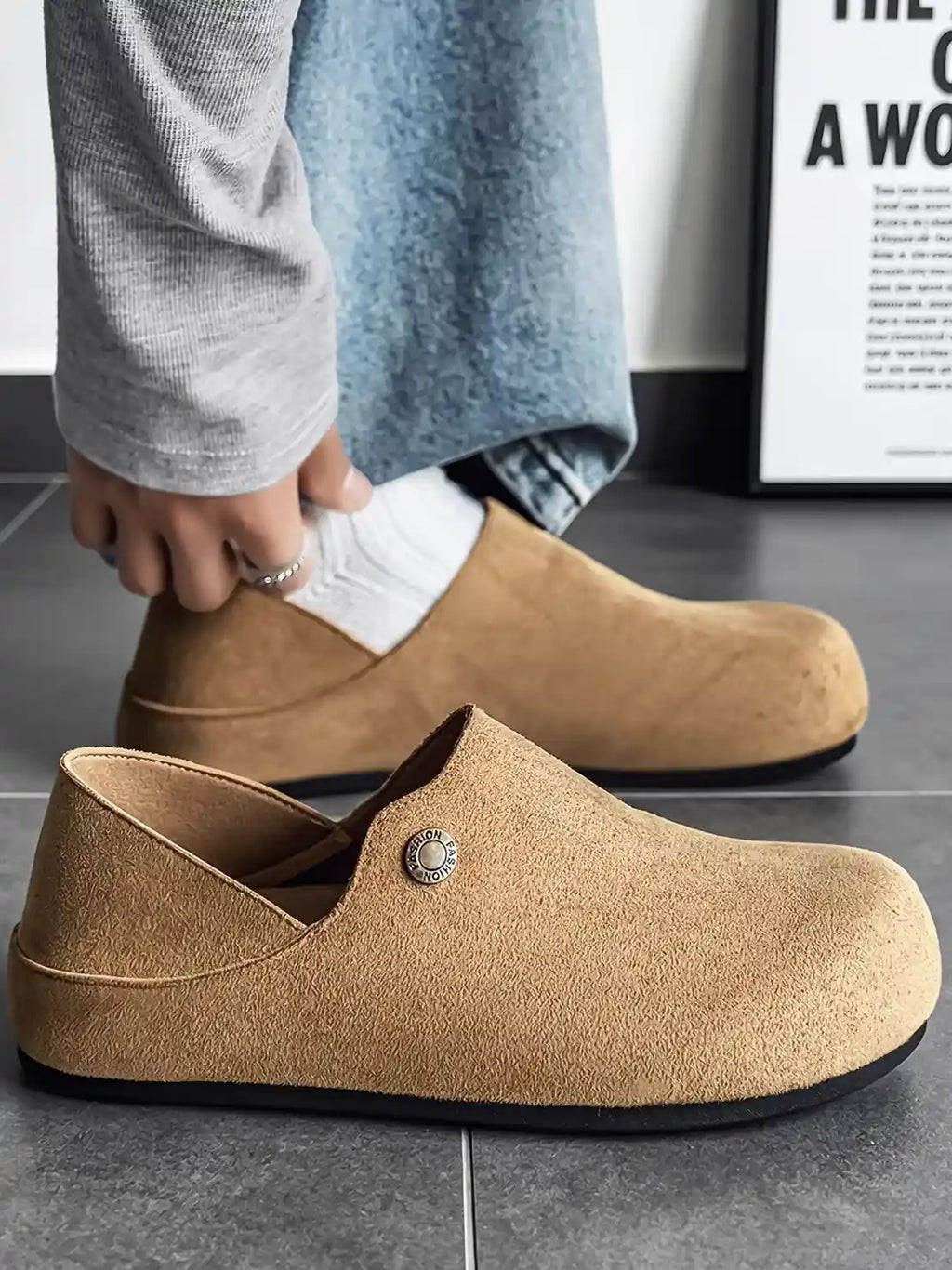 Suede Metal-Rivet Broad-Toe Rubber-Sole Mules