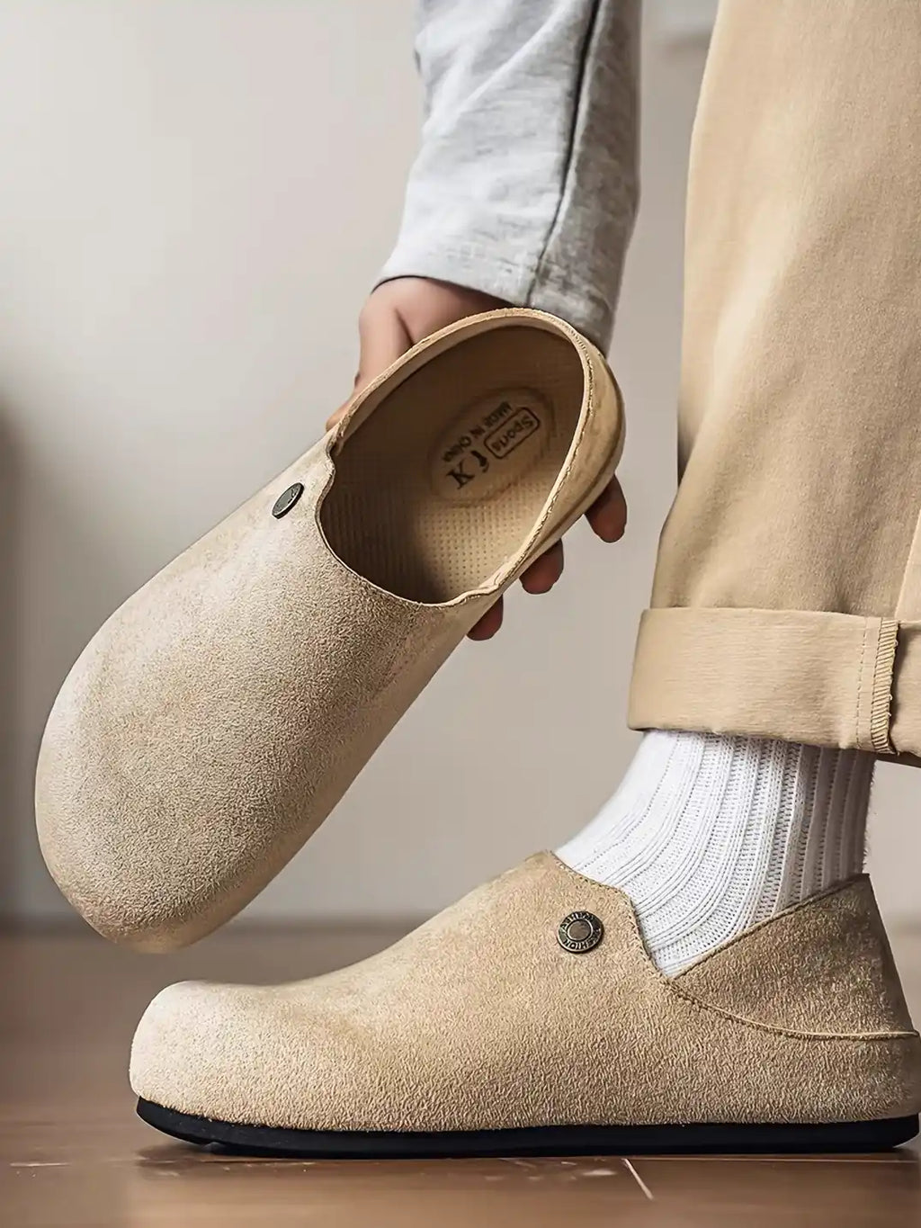 Suede Metal-Rivet Broad-Toe Rubber-Sole Mules