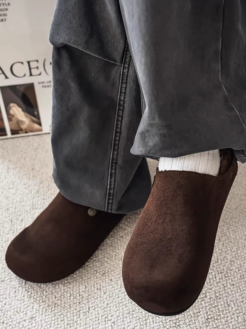 Suede Metal-Rivet Broad-Toe Rubber-Sole Mules