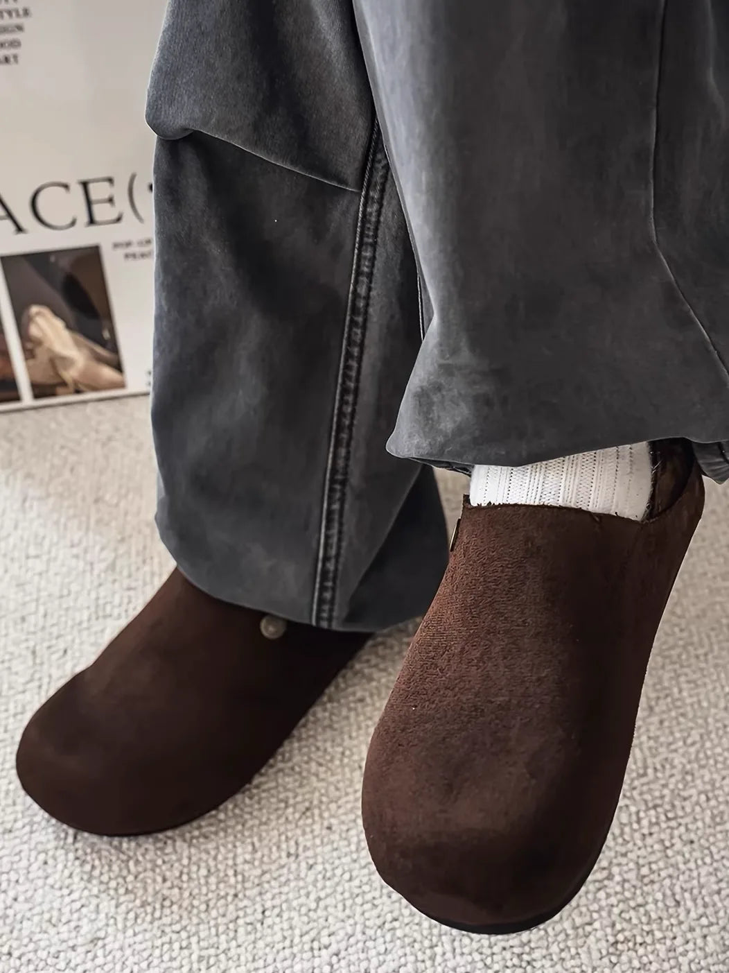 Suede Metal-Rivet Broad-Toe Rubber-Sole Mules