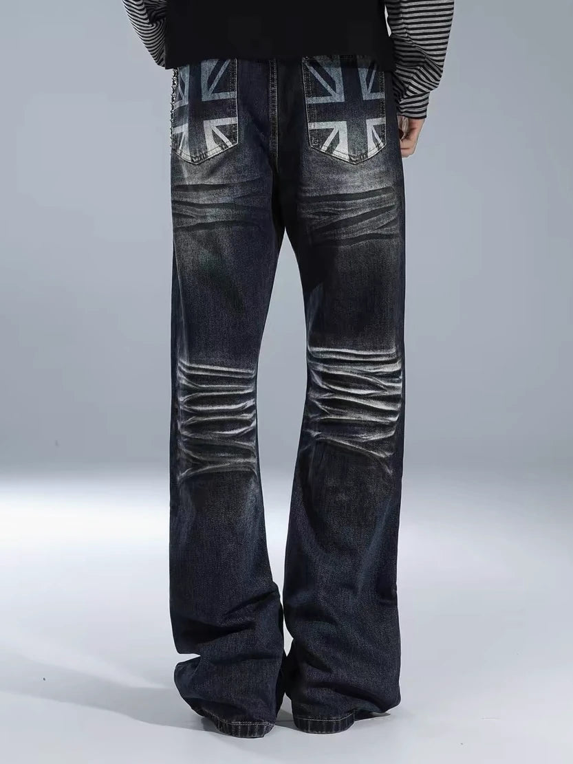Flag Graphic Washed Distressed Wide-Leg Jeans