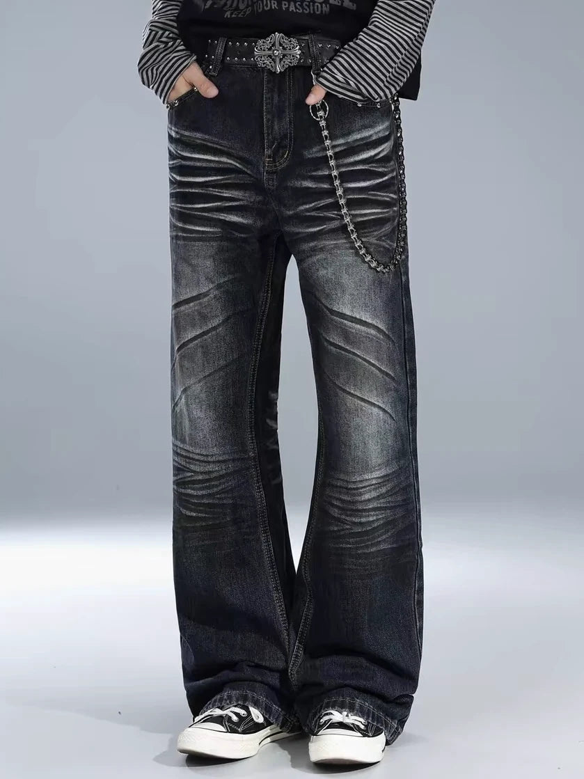 Flag Graphic Washed Distressed Wide-Leg Jeans