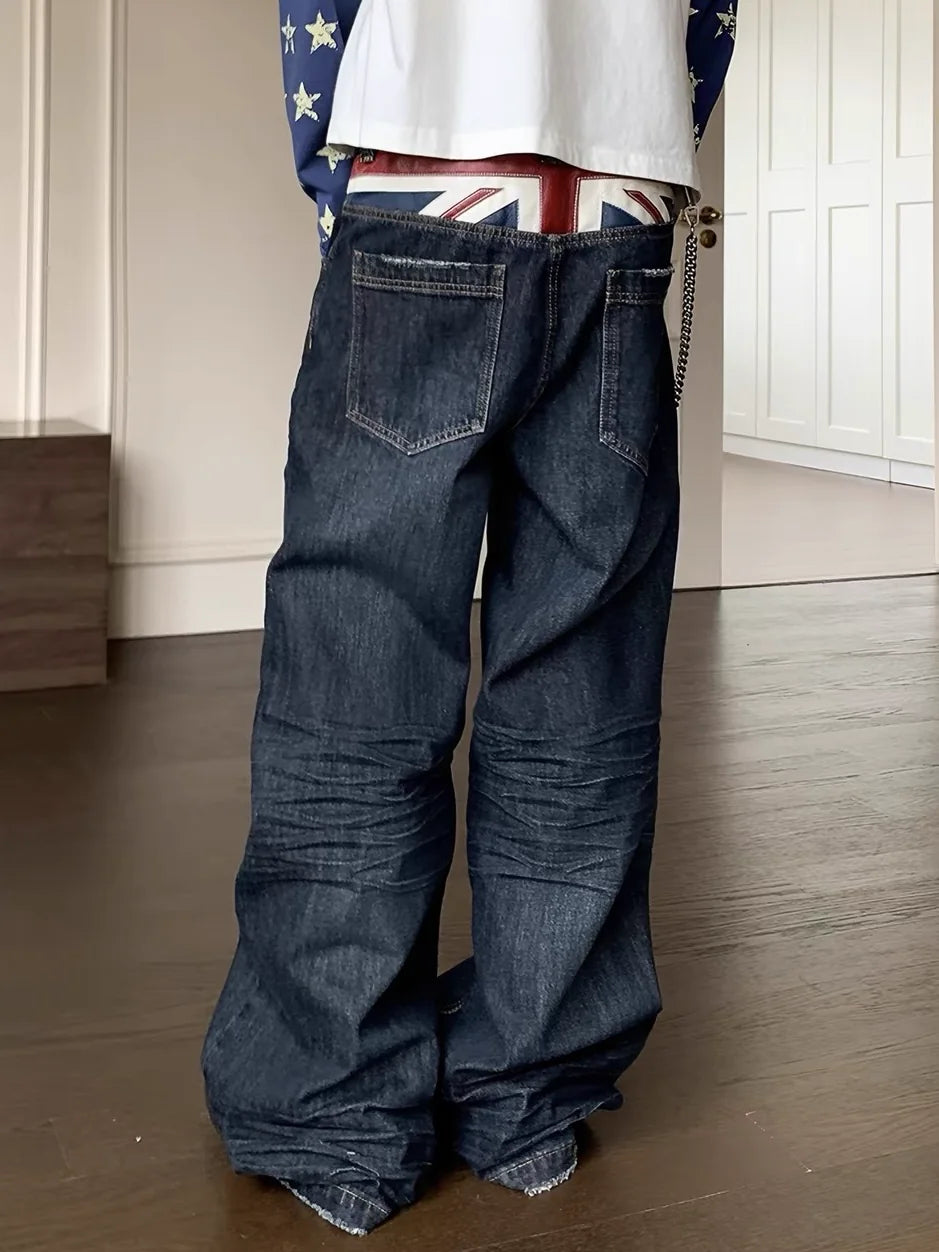 Flag Whiskered Raw Wide-Leg Jeans