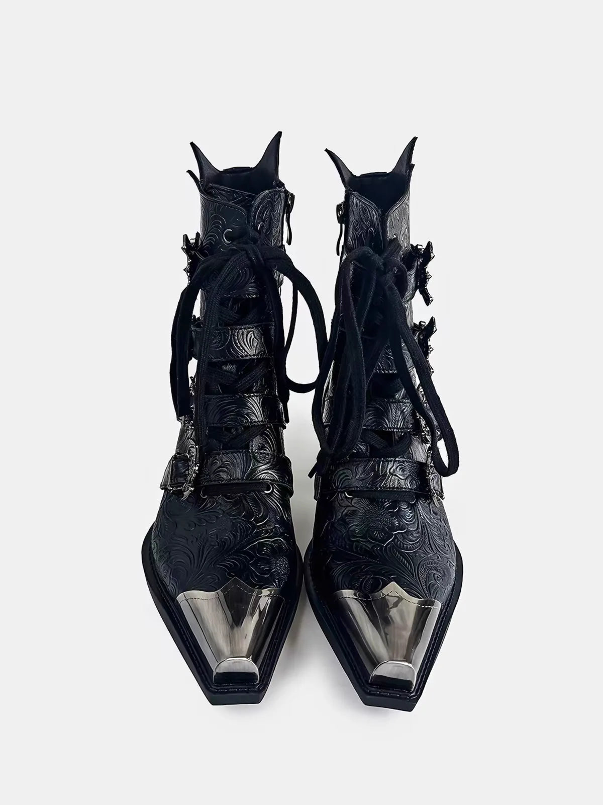 Embossed Floral Metal Toe Gothic Boots