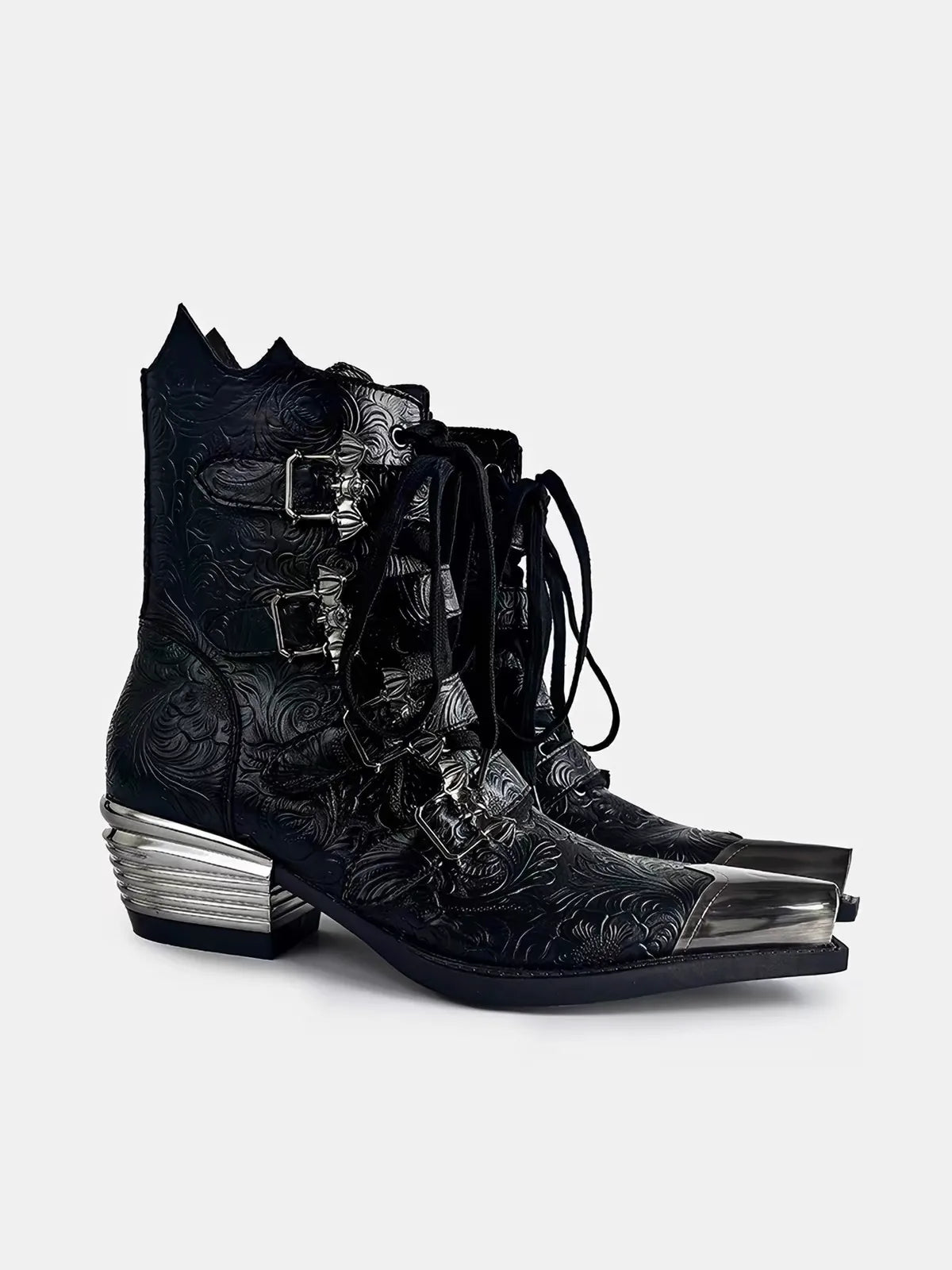 Embossed Floral Metal Toe Gothic Boots