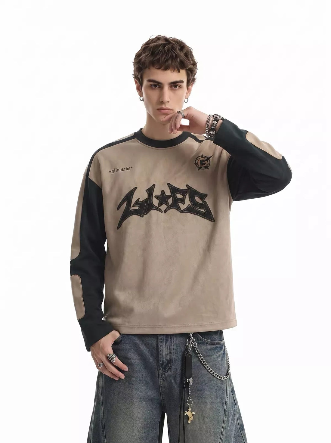 Suede Embroidered Colorblock Long Sleeve Streetwear Tee