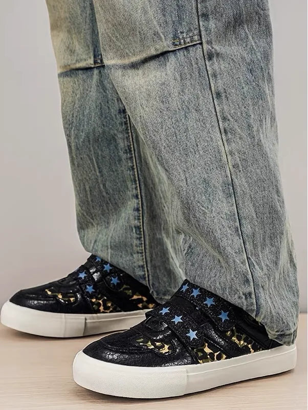 Leopard Print & Blue Star Strap Low-Top Sneakers