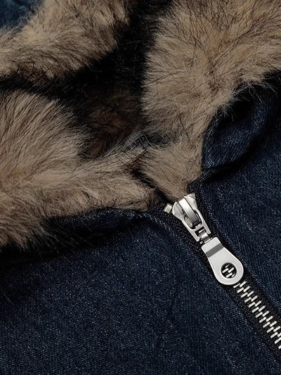 Faux Fur Trim Hooded Denim Bomber Jacket
