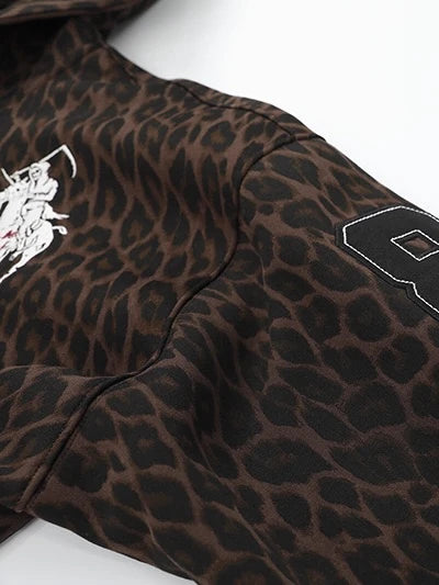 Leopard Print Embroidered Full-Zip Fleece Hoodie
