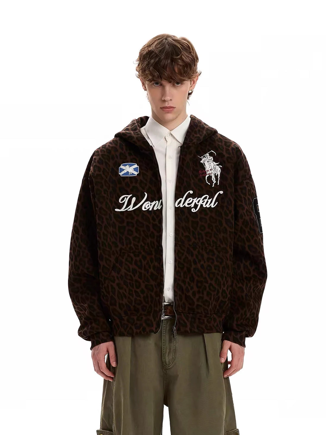Leopard Print Embroidered Full-Zip Fleece Hoodie
