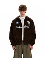 Leopard Print Embroidered Full-Zip Fleece Hoodie
