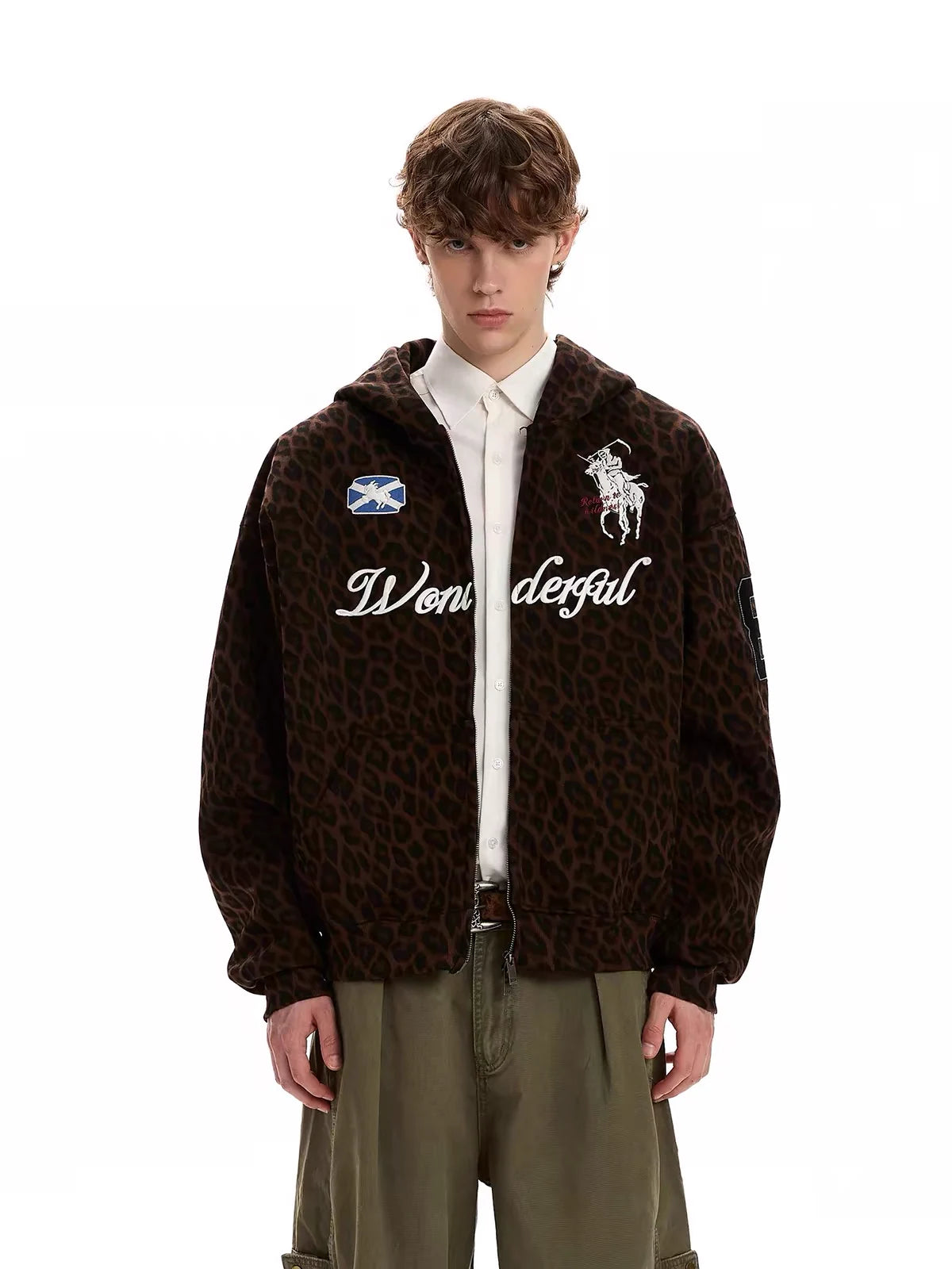 Leopard Print Embroidered Full-Zip Fleece Hoodie